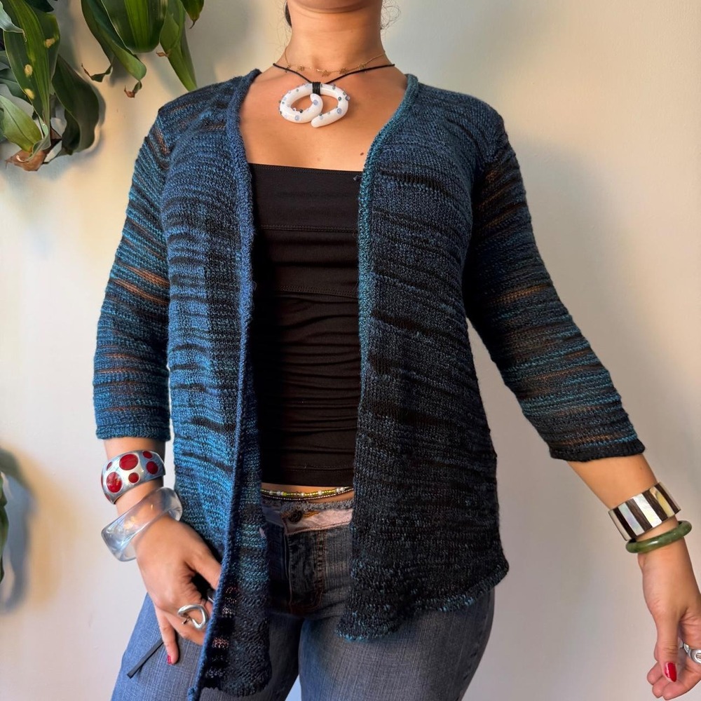 Vintage Chicos Teal Sheer Knit Cardigan 3/4 Sleeve Y2K Boho Top Size 2 L XL